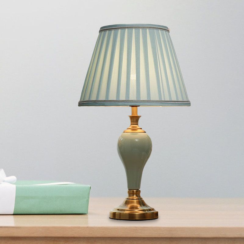 Ceramic Urn Table Lighting Vintage 1 Bulb Bedside Nightstand Light in Aqua/Beige/Silver Grey with Tapered Fabric Shade