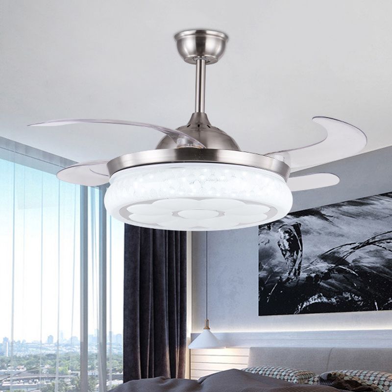 42 "W modernistische cirkel hangende ventilator licht led metaal semi -spoelbevestiging plafond armatuur in zilver met 4 messen, afstandsbediening/afstandsbediening en wandregeling/frequentieconversie en afstandsbediening