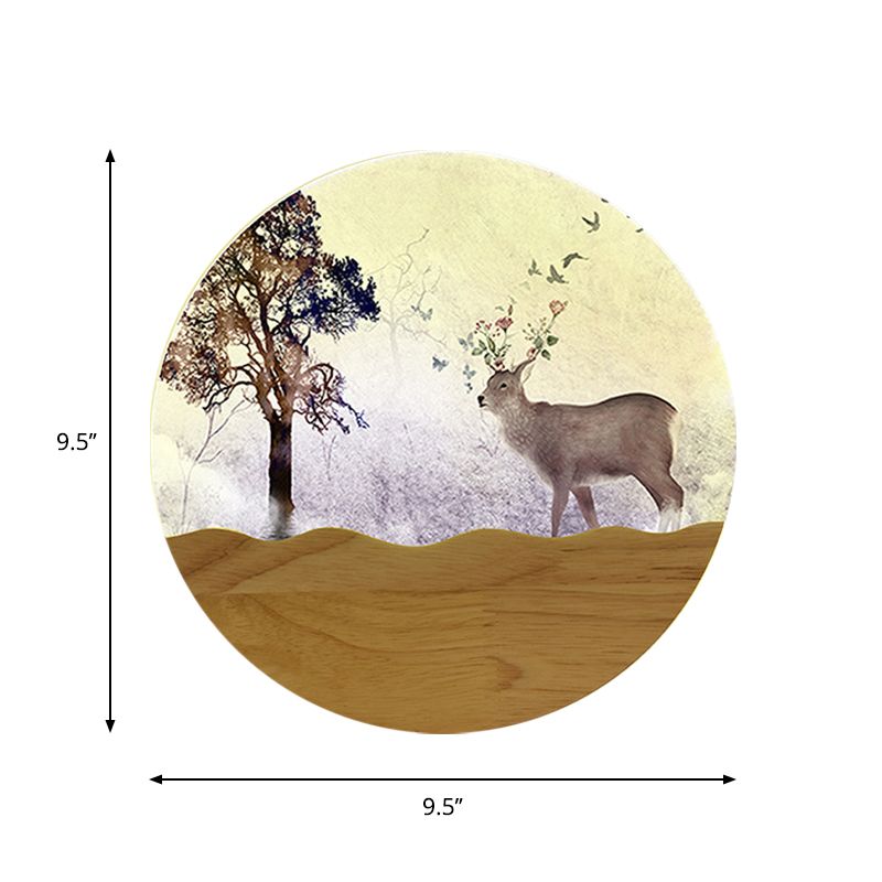 LED Bedside Wall Lighting Idea Minimalist Style Wood Elk Deer and Tree Patterned Mural Lamp with Round Metal Shade