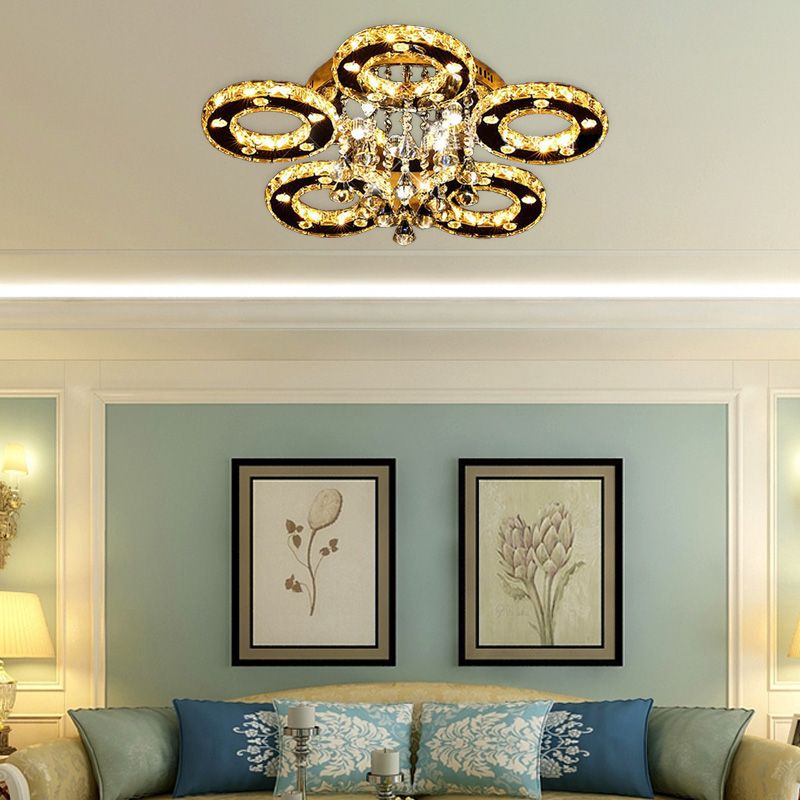 Ring Semi Flush Light Contemporary K9 Crystal Chrome 23.5"/28"/33.5" Wide LED Ceiling Lamp, Warm/White/2 Color Light