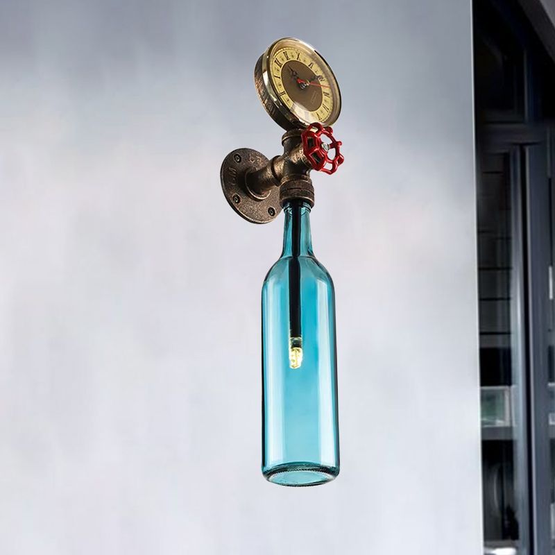 Brown/Blue Bottle Wall Sconce Lamp Vintage Stylish Glass 1 Bulb Living Room Wall Lighting with Gauge and Valve
