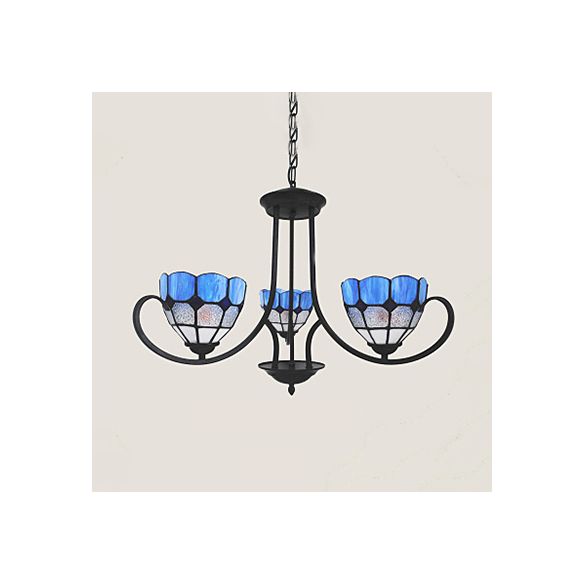 Baroque Bowl Hanging Ceiling Light 3 Lights Stained Glass Pendant Lighting in Blue for Foyer