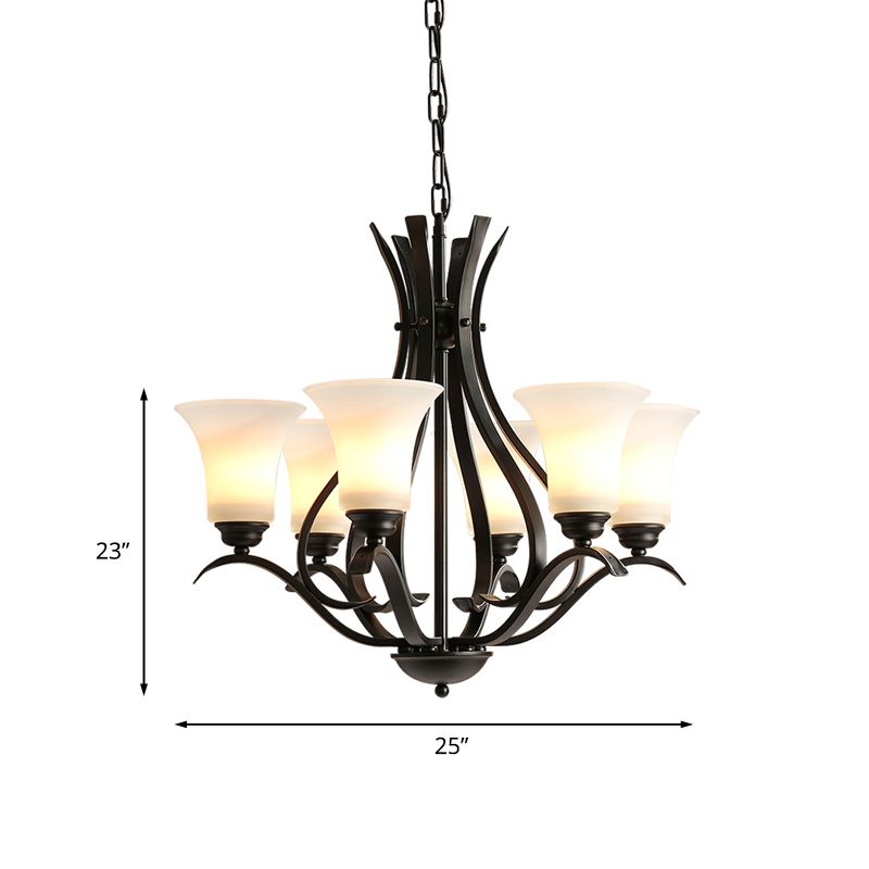 6/8 Lichten Melkglas Kroonluchter Lamp Retro -stijl Zwarte Bell Woonkamer Hangend Licht met gebogen arm