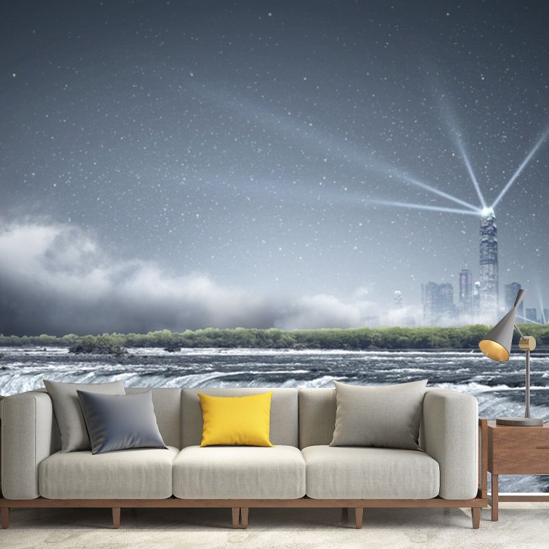 Aqua Fictional Mural Wallpaper Whole Night Cascade and Distant Shiny City Wall Covering for Accent Wall