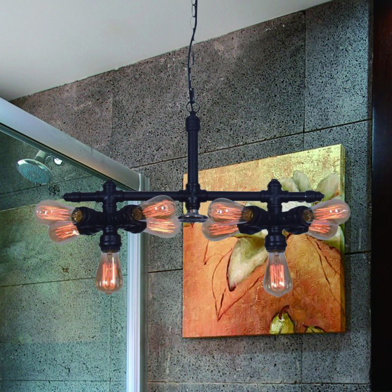 Metallic Black Hanging Chandelier Radial Pipe 10-Head Industrial Ceiling Pendant Lamp for Living Room