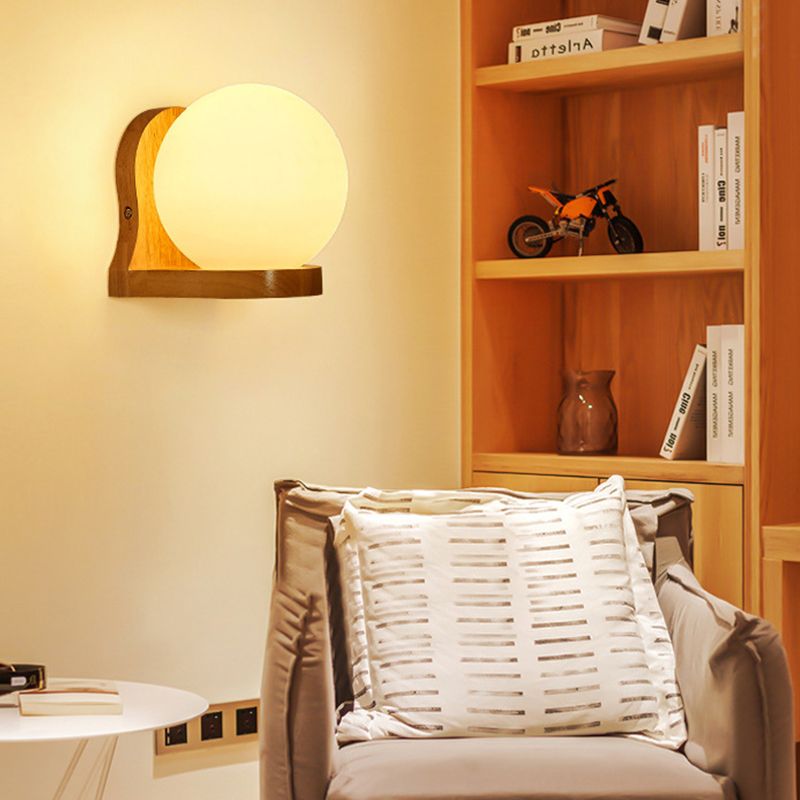 Nordic Wood Wall Light Globe 5.5" Wide Wall Sconce with White Glass for Bedroom