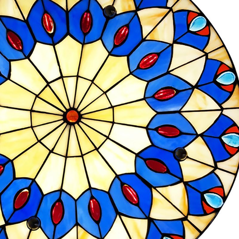 16"/18" W Round Shade Flushmount Tiffany Blue Flush Ceiling Light with Peacock Design for Restaurant