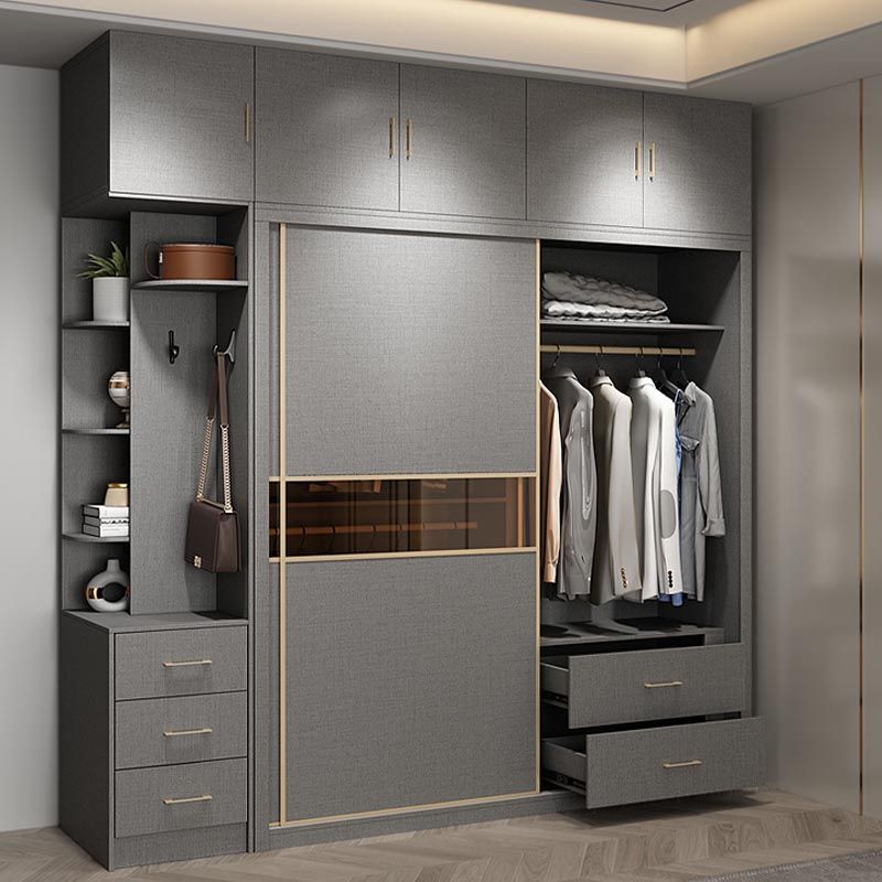Contemporary Style Gray Colour Wardrobe Wood Self Close Drawers Wardrobe Closet