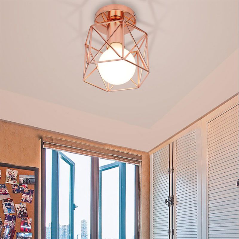 1-flammige Deckenleuchte mit geometrischem Käfigschirm aus Eisen, halbbündige Schlafzimmerleuchte im Loft-Stil in Kupfer