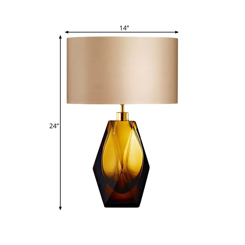Geometric Amber Colored Glaze Desk Light Modern 1-Light Beige Fabric Night Table Lamp
