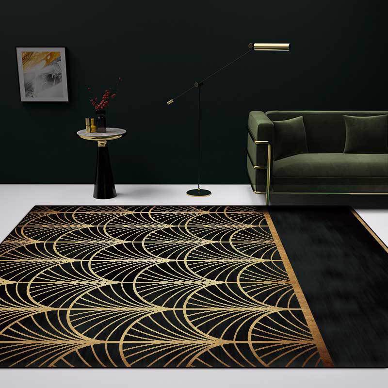 Stylish Apricot Leaf Pattern Rug Black and Golden Novelty Rug Polyester Washable Anti-Slip Backing Area Rug for Living Room
