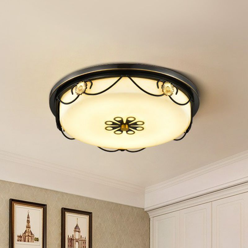 Cream Glass Round LED Flush Mount Lighting Retro Bedroom Flush Mount Ceiling Light in Black