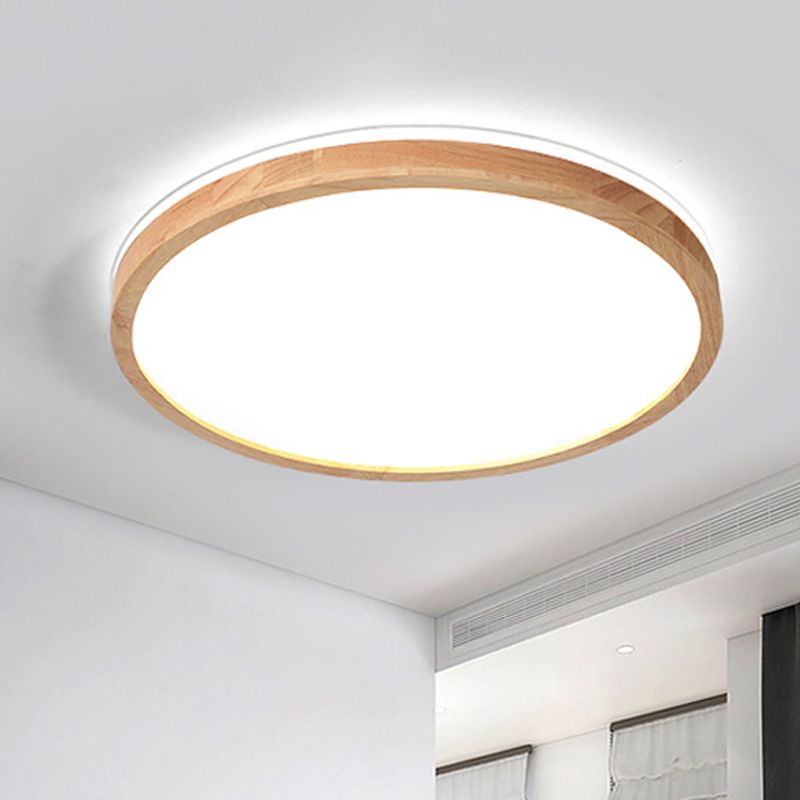 Nordic LED Flush Mount Recessed Lighting Wood Circle Ceiling Lamp with Acrylic Shade in Warm/White Light, 12"/16" Width