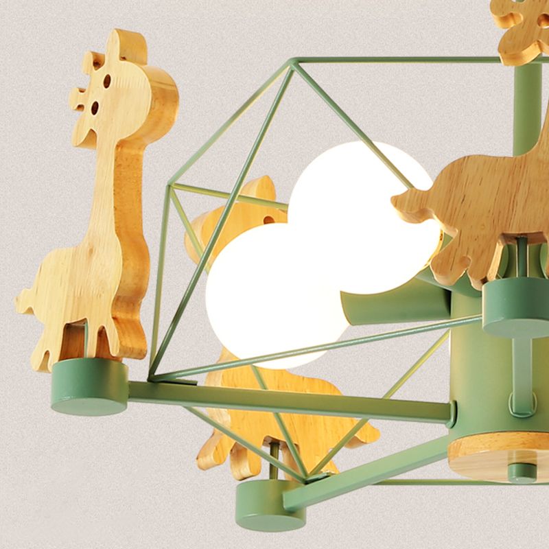 Giraffe Chandelier Cartoon Wooden Kindergarten Hanging Ceiling Light with Wire Cage