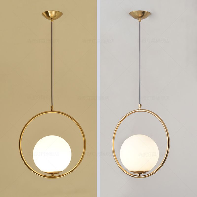 13.7 Inches Wide Golden Ring Hanging Lamp Globe Glass Shade Post-modern Style Hanging Light