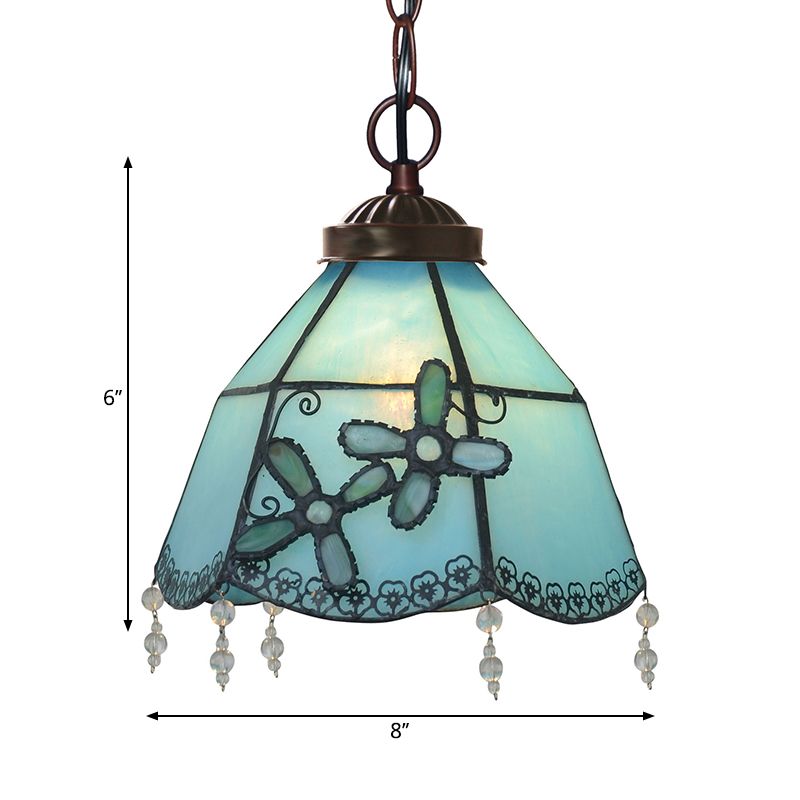 Mission Bell Hanging Pendant Light 1 Head Blue Glass Pendulum Lamp with Beaded Trim