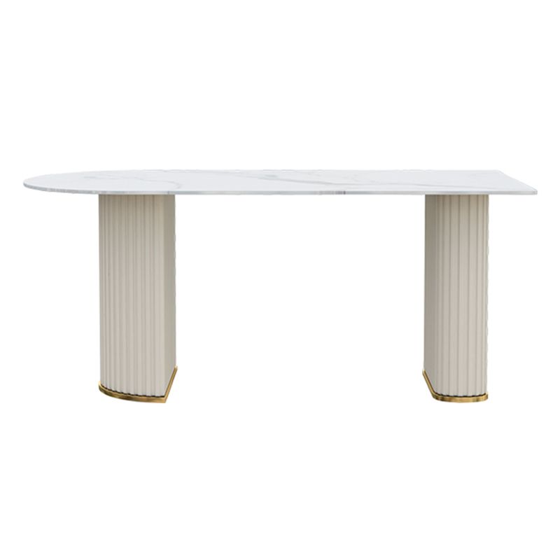 Irregular Island Sintered Stone Dining Table Modern Table in White with Metal Double Pedestal