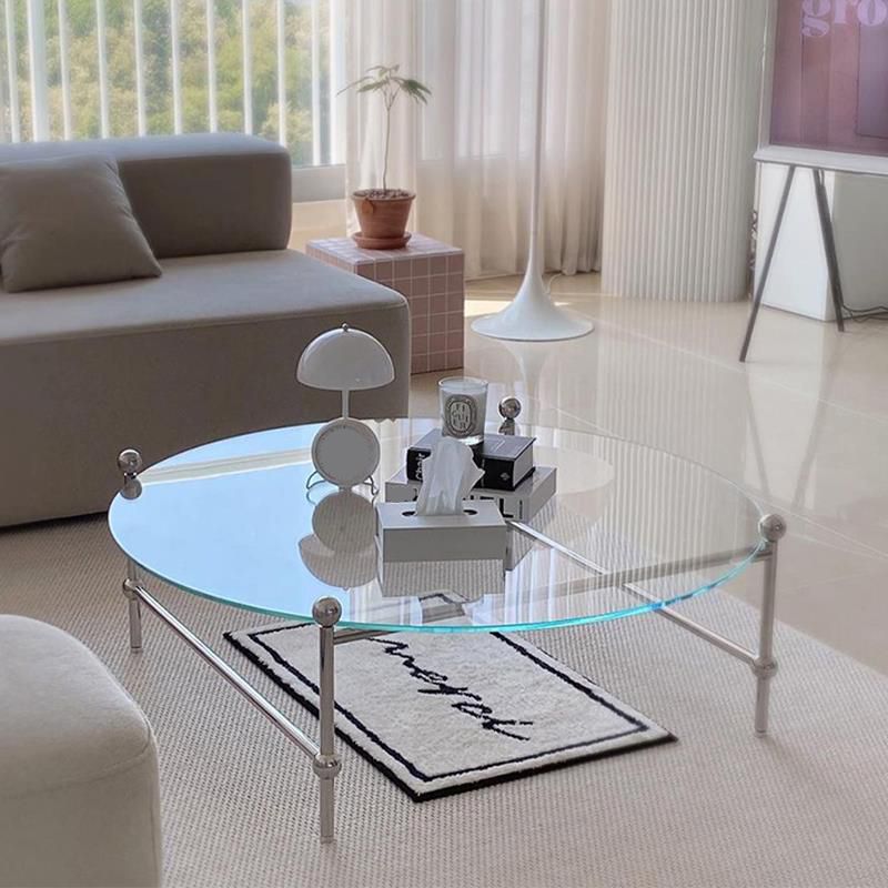 Contemporary Round Coffee Table with Glass Top and Steel Legs in Clear