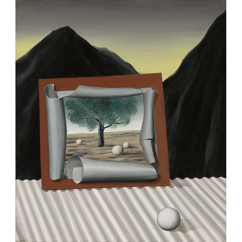 Custom Illustration Surreal Wall Mural with Rene Magritte the Signs of Evening Painting in Grey-Black