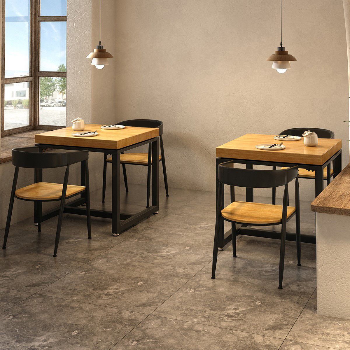 Mesa de comedor industrial de madera maciza, mesa cuadrada con base de caballete para comedor