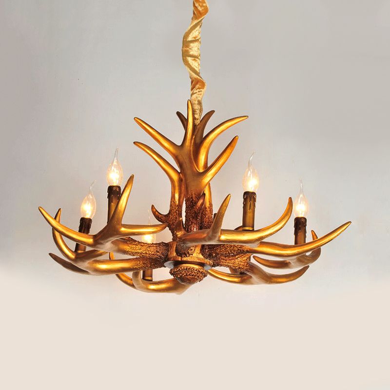 Vela de araña colgante de oro de resina 6 bombillas Luz de colgante tradicional para sala de estar