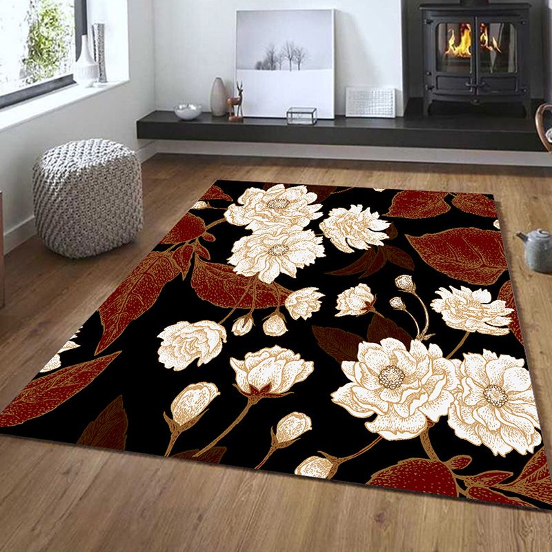 Dunkelfarbener, mit Blumenmuster bedruckter Teppich, moderner, wunderschöner Teppich für den Innenbereich, schmutzabweisender Polyester-Teppich für das Wohnzimmer