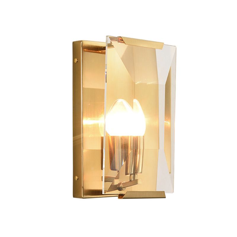 Mid Century Rectangle Wall Sconce 1-Light Metal Wall Mounted Fixture in Brass with Trapezoid Clear/Seedy Crystal Shield