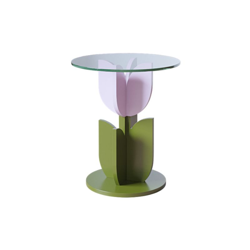 Scandinavian Wood/Glass Top End Table Dia 15.75" Tulip Shape Side Table in Green