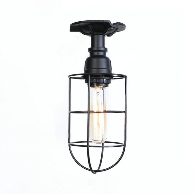 Black / Bronze 1 Bulb Semi-Flush Mount Light Vintage Metal Wire Guard Ceiling Mounted Light for Corridor