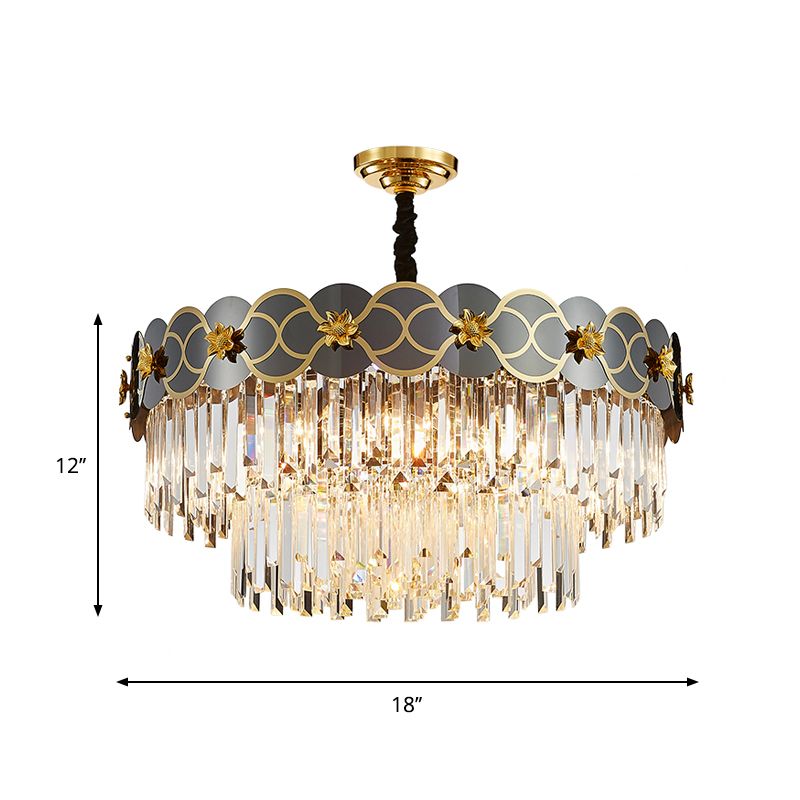 6 ampoules Priss en verre transparent pendentif traditionnel fin finition gris conique lustre plafond de salon avec décoration de fleurs dorées