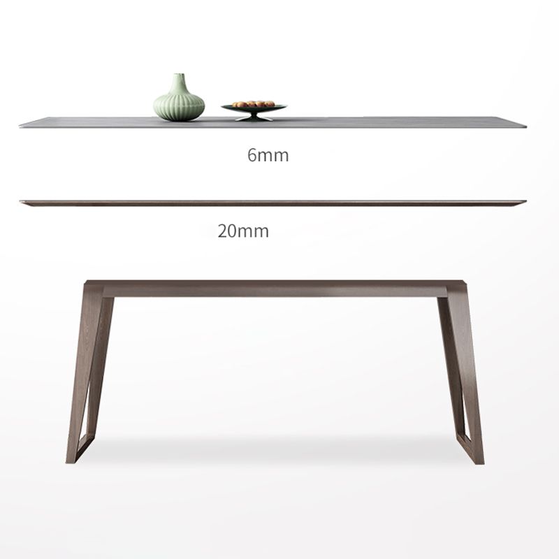 Mid-Century Modern Dining Table Gray Sintered Stone Dining Table with Wood Base