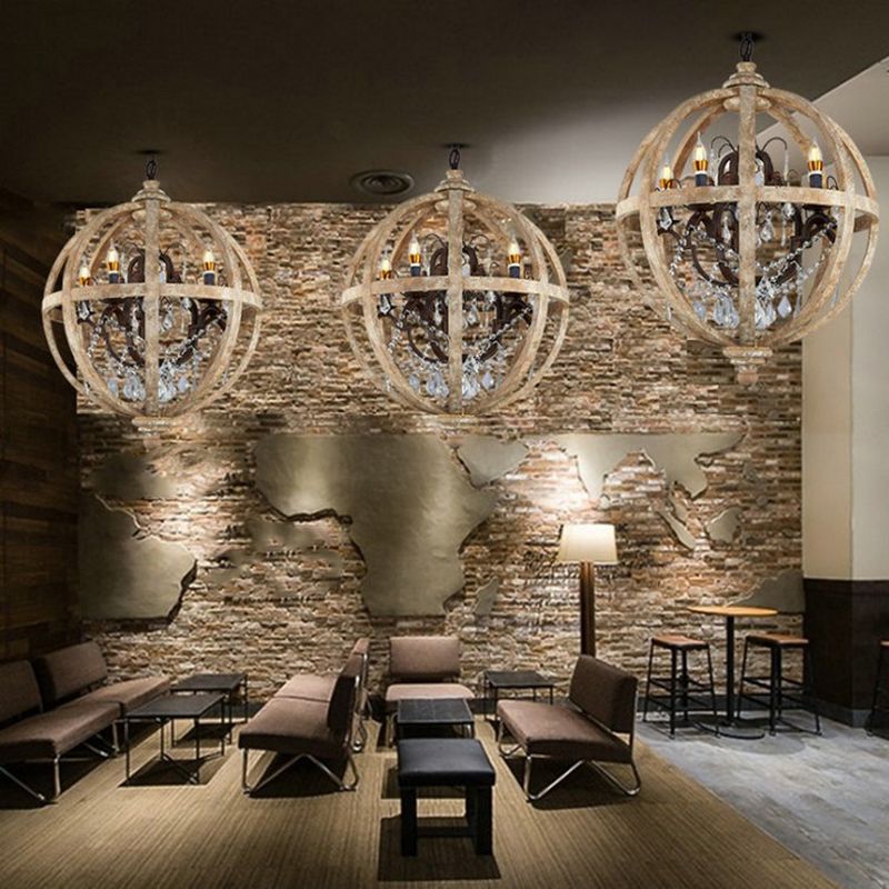 4 Bulbs Chandelier Pendant Light Vintage Sphere Distressed Wood Hanging Light for Dining Room