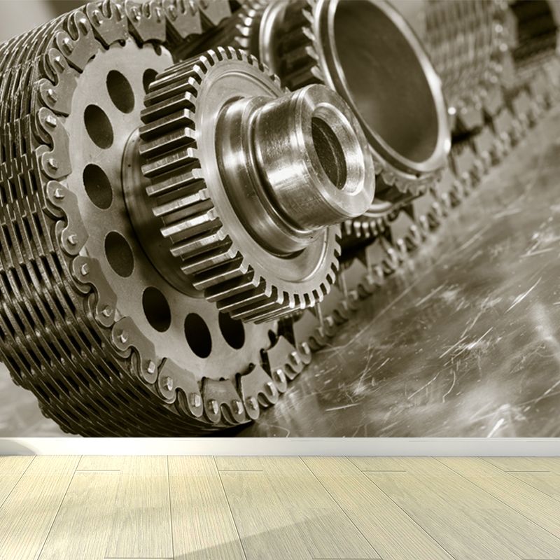 Contemporary Metal Gear Wall Mural Non-Woven Textured Stain-Proofing Dark Color Wall Art for Room