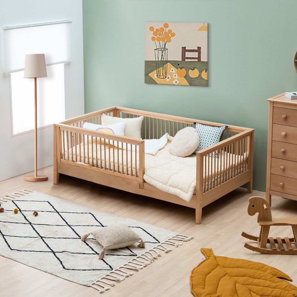 Contemporary Glam Solid Wood Nursery Crib Washed Natural with Guardrail