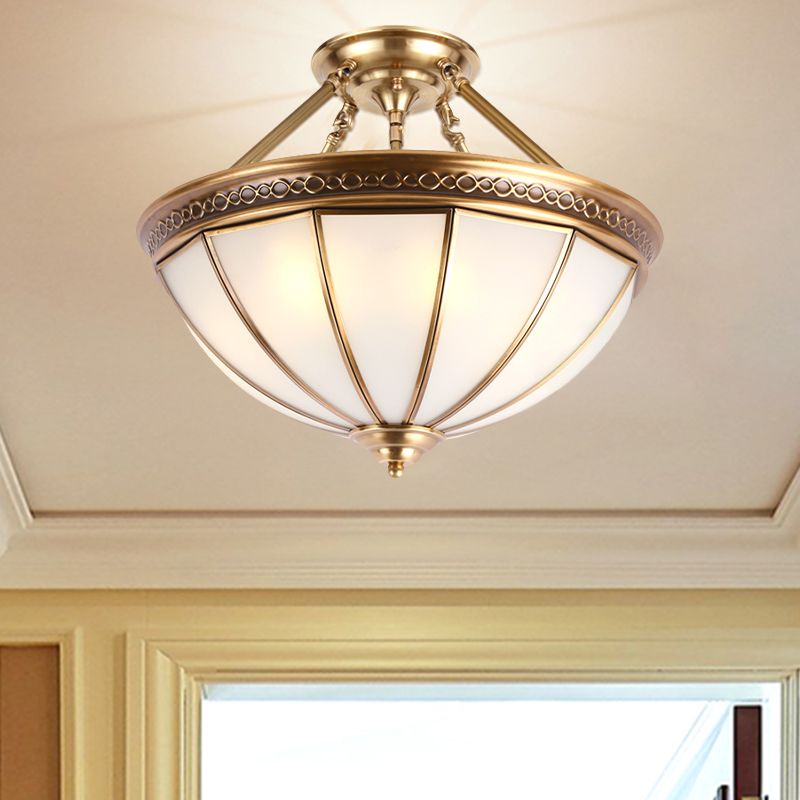 3 Lights Opal Glass Semi Flush Lighting Colonialism Brass Dome Shade Corridor Ceiling Mounted Fixture