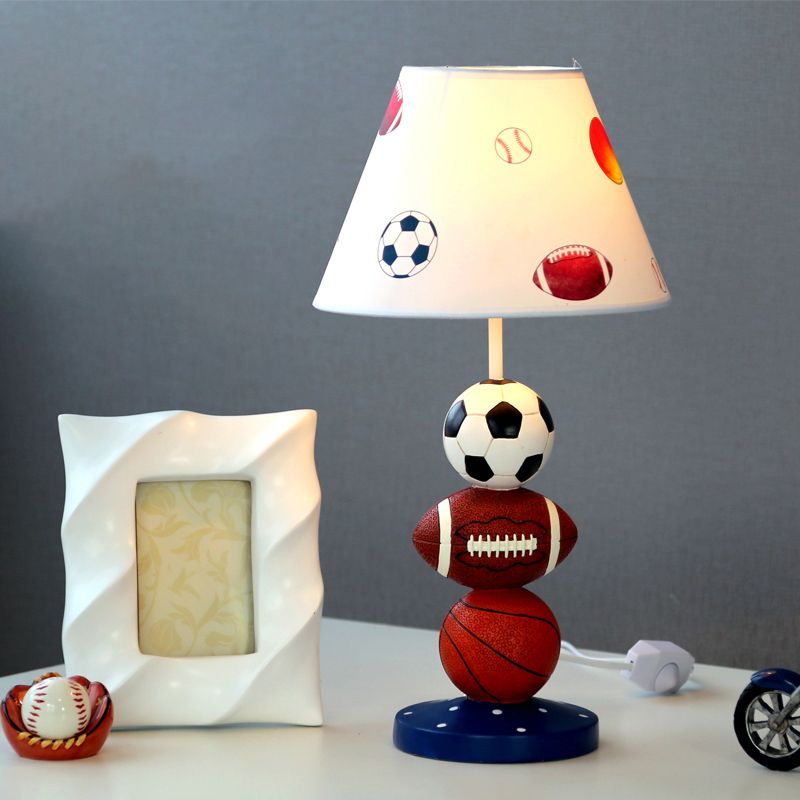 Sport Balls Bedroom Nightstand Lamp Resin Single-Bulb Kids Table Light with Empire Shade in White