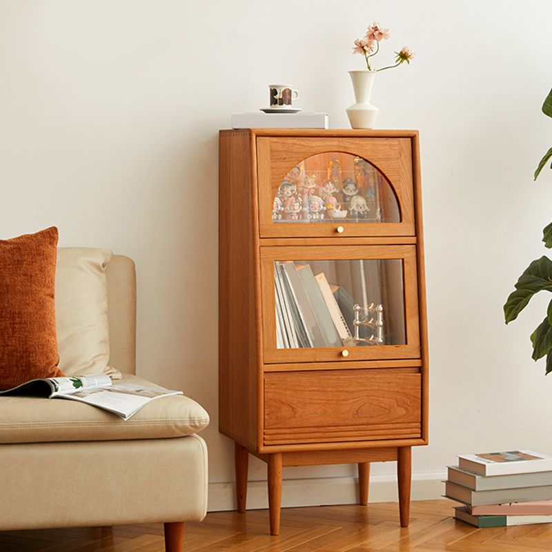 2 - Door and 1 - Drawer Pine Wood Chest 43.3" Tall Glass Paned Side Cabinet