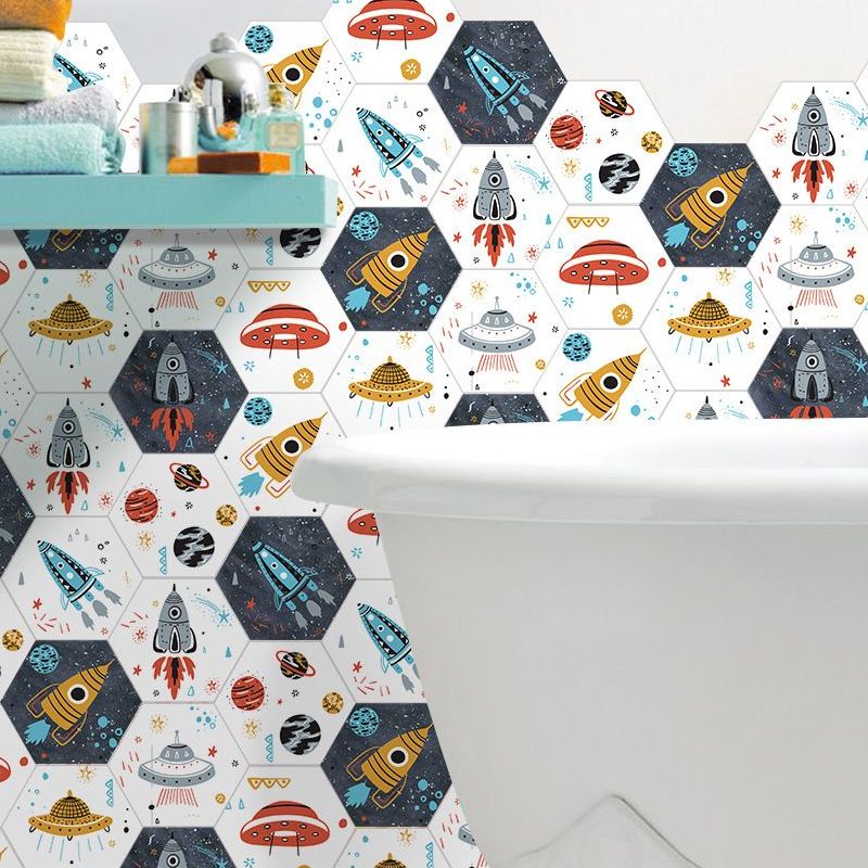 Novelty Kids Wallpaper Panel Set with Rocket and UFO Pattern Yellow Self Sticking Wall Covering