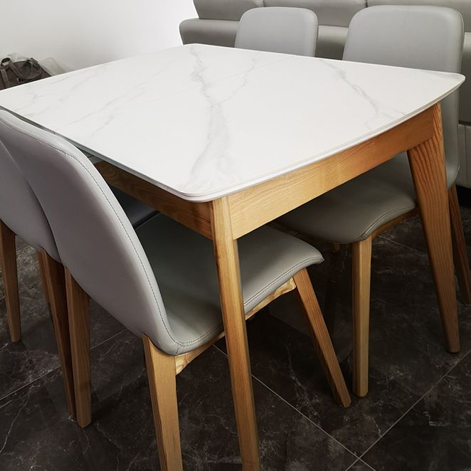 Sintered Stone Top Extendable Table in White Kitchen Table with Ash Wood Base and 4 Legs