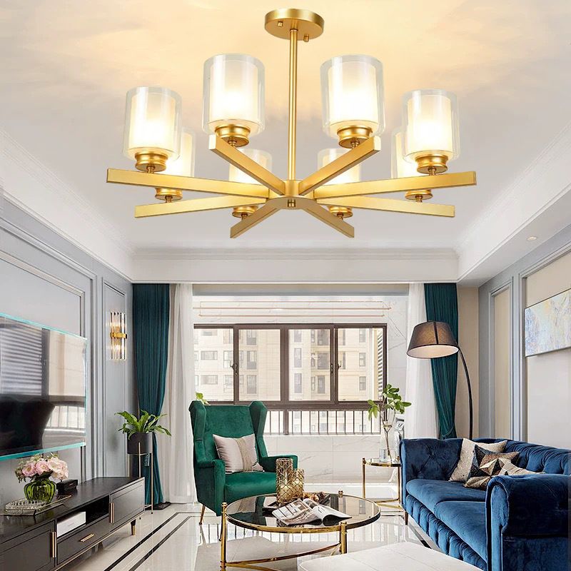Nordic Style Metal Lighting Chandelier Cylindrical Double-layer Glass Shade Suspension Light for Dining Room