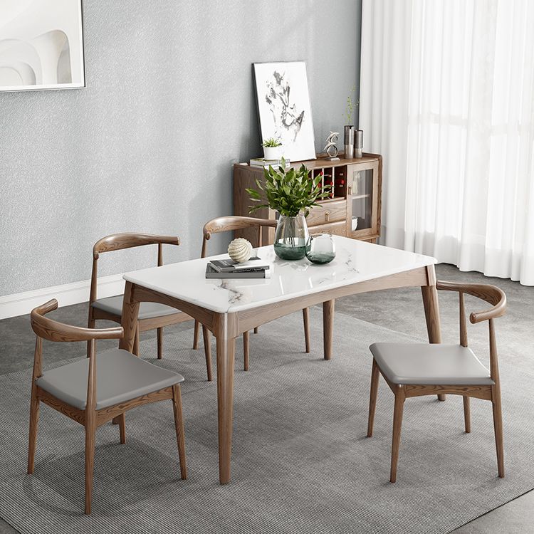 Mid-Century Modern Dining Table Stone Top Table with 4 Wood Legs