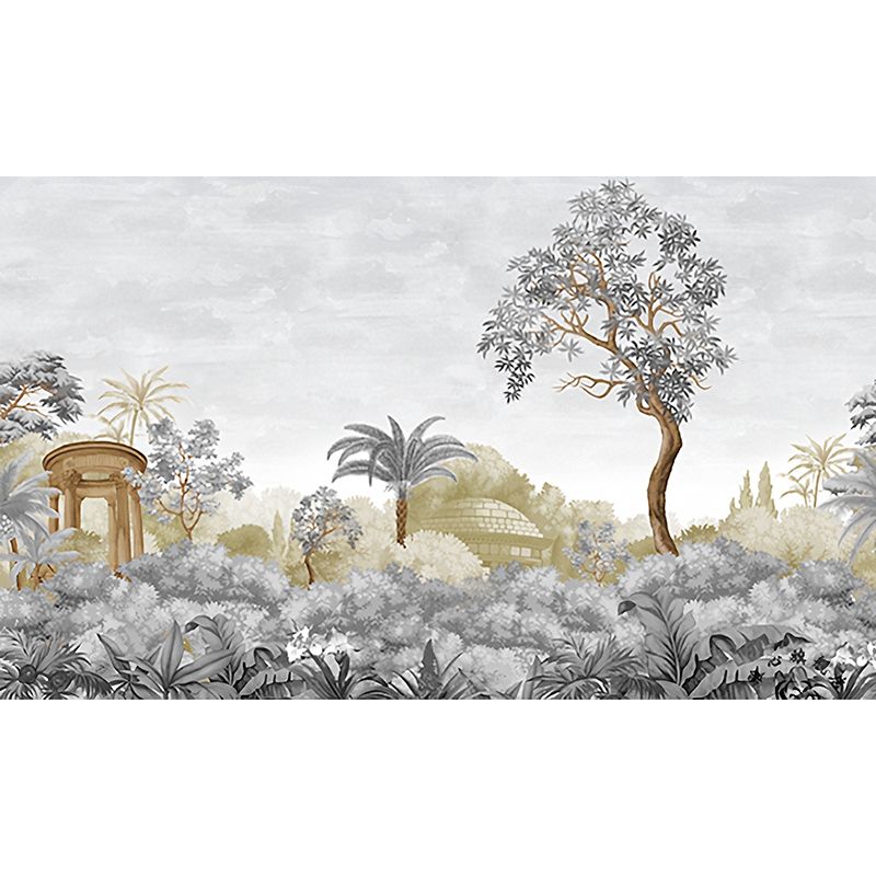 Jungle Wall Art in Soft Grey, Contemporary Wall Mural for Accent Wall