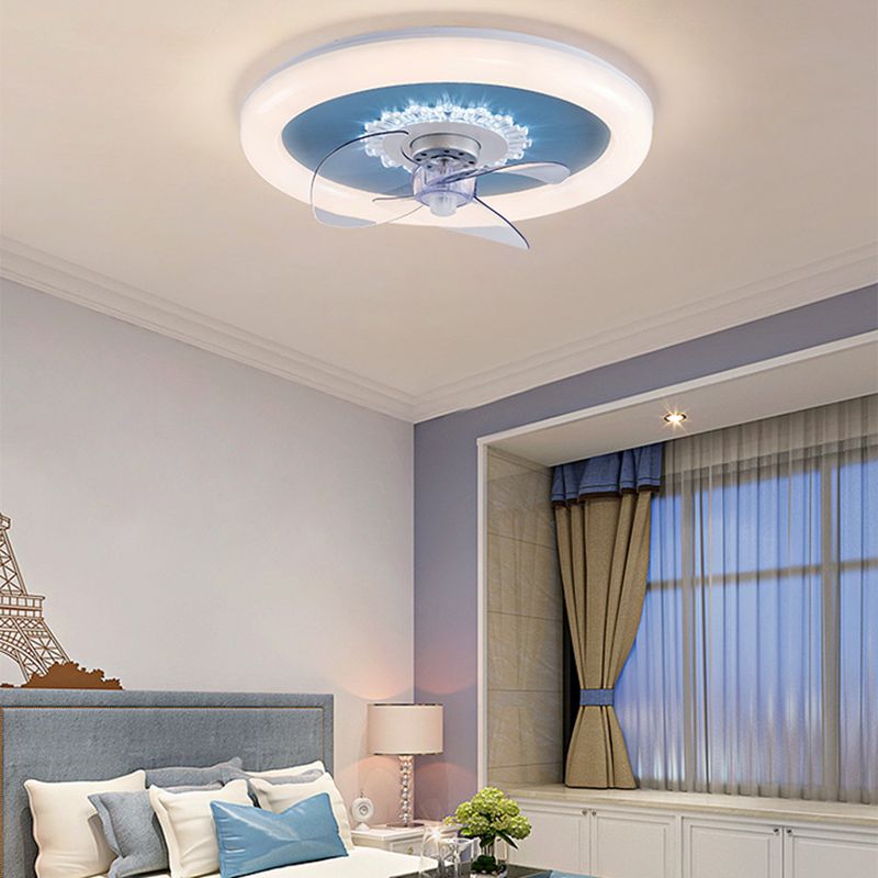 Simple Circular LED Fan Light 3-Blade Bedroom Semi Flush Ceiling Light in White