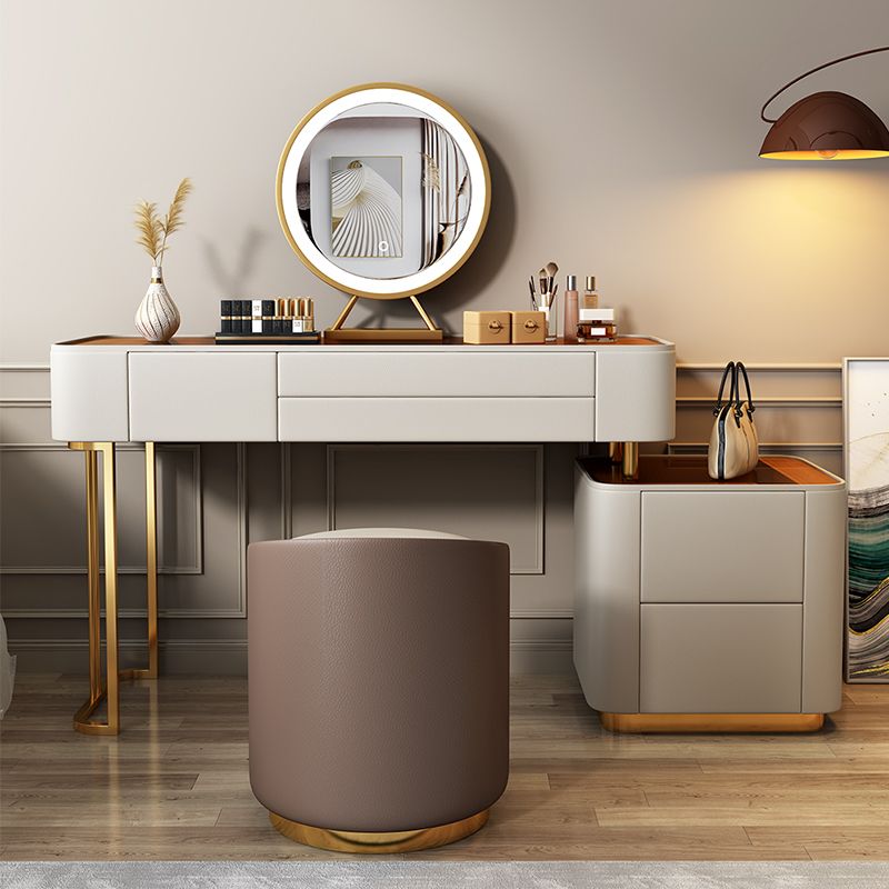 Contemporary Faux Leather Vanity Tables 4 Drawer Glass Top Makeup Vanity Desk