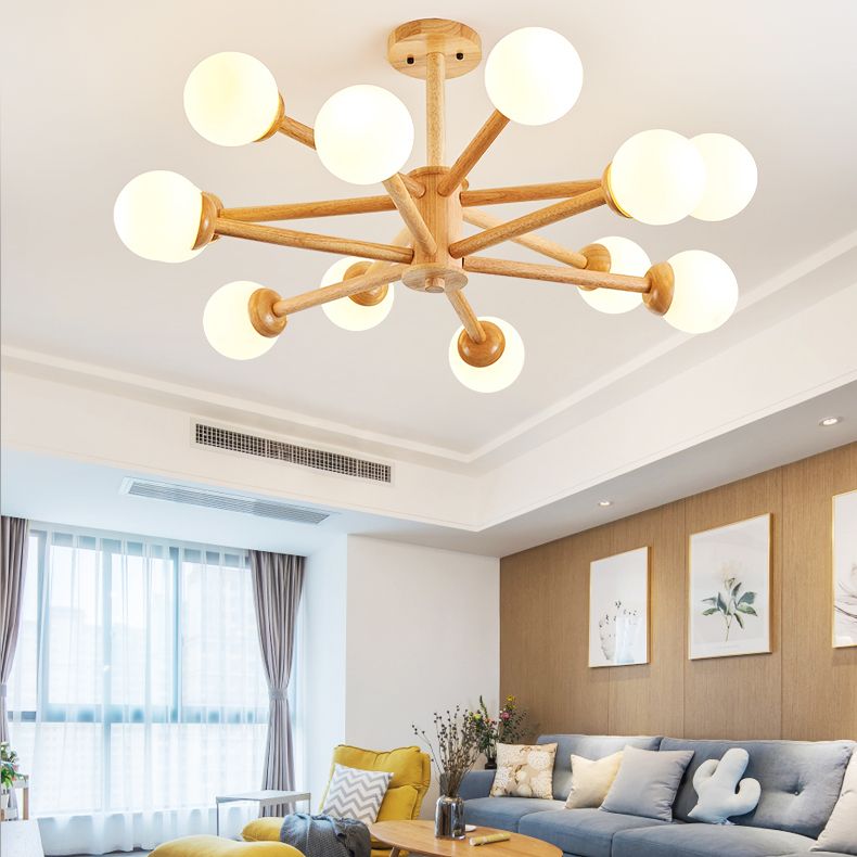 Lampada lampadario moderno a globo moderno in legno multiplo con vetro bianco per soggiorno