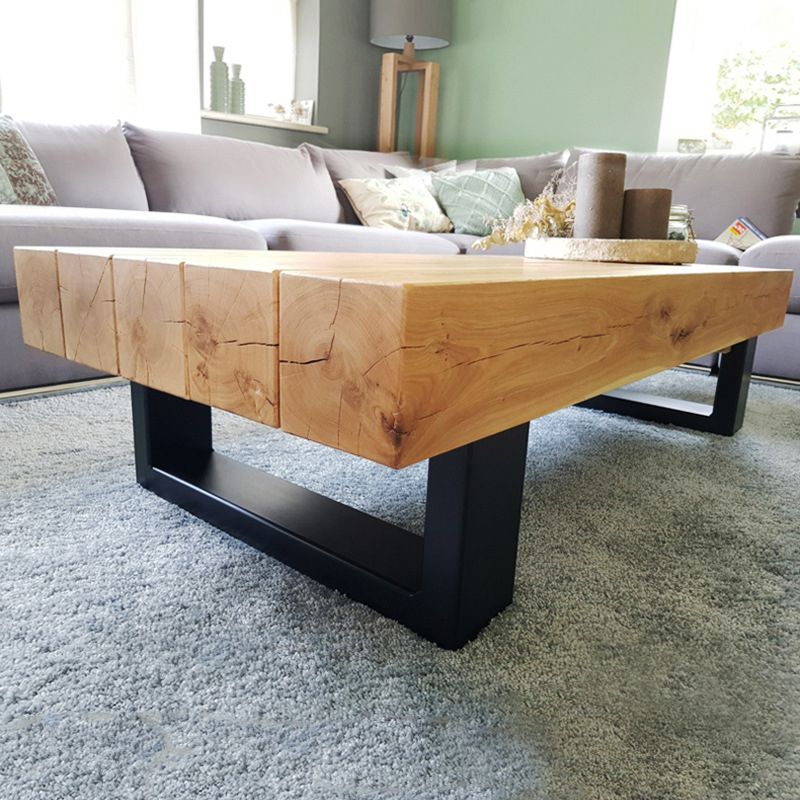 Solid Wood Coffee Table with Metal Sled Legs for Living Room