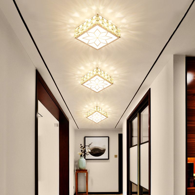 Square Ceiling Mount Light Fixture Simple Crystal Embedded Clear LED Flush Mounted Light for Hallway