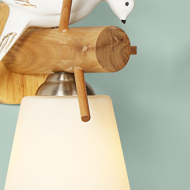 Froosted Glass Tapsed Shade Wandlicht met vogel 1 licht eigentijdse wandlamp in het wit voor bibliotheek