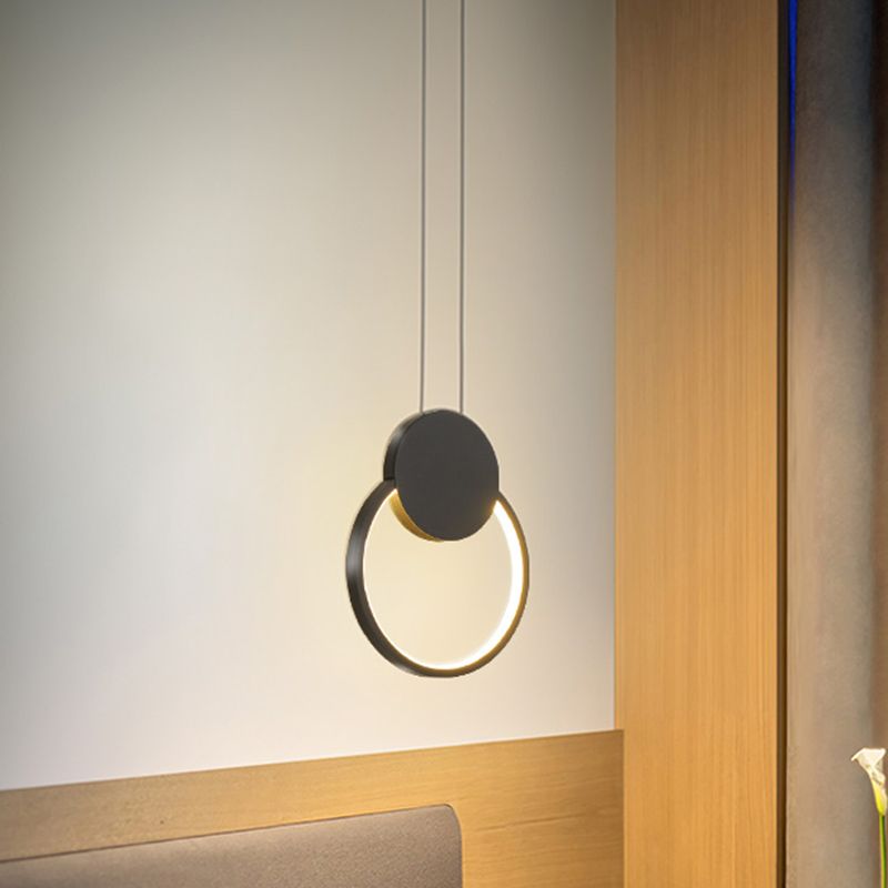 Modernism LED Down Mini Pendant Black/White Annular Hanging Lamp Kit with Metal Shade in Warm/White Light