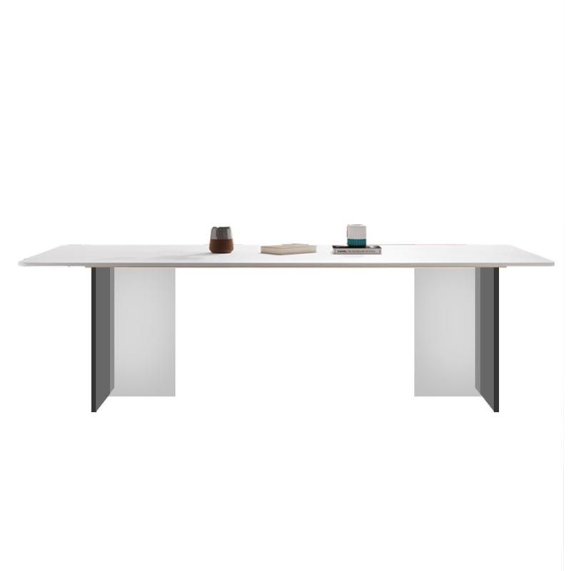 White Stone Top Dining Table Rectangle Contemporary Dining Table with Pedestal Base